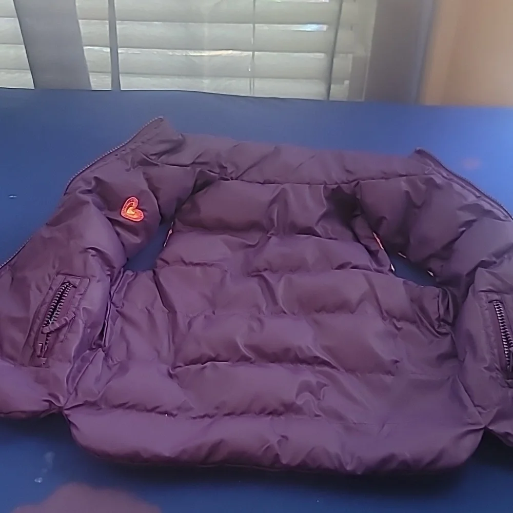 Reversible Purple Puffer Vest with Heart Patch One Side And Colorful Stripes
